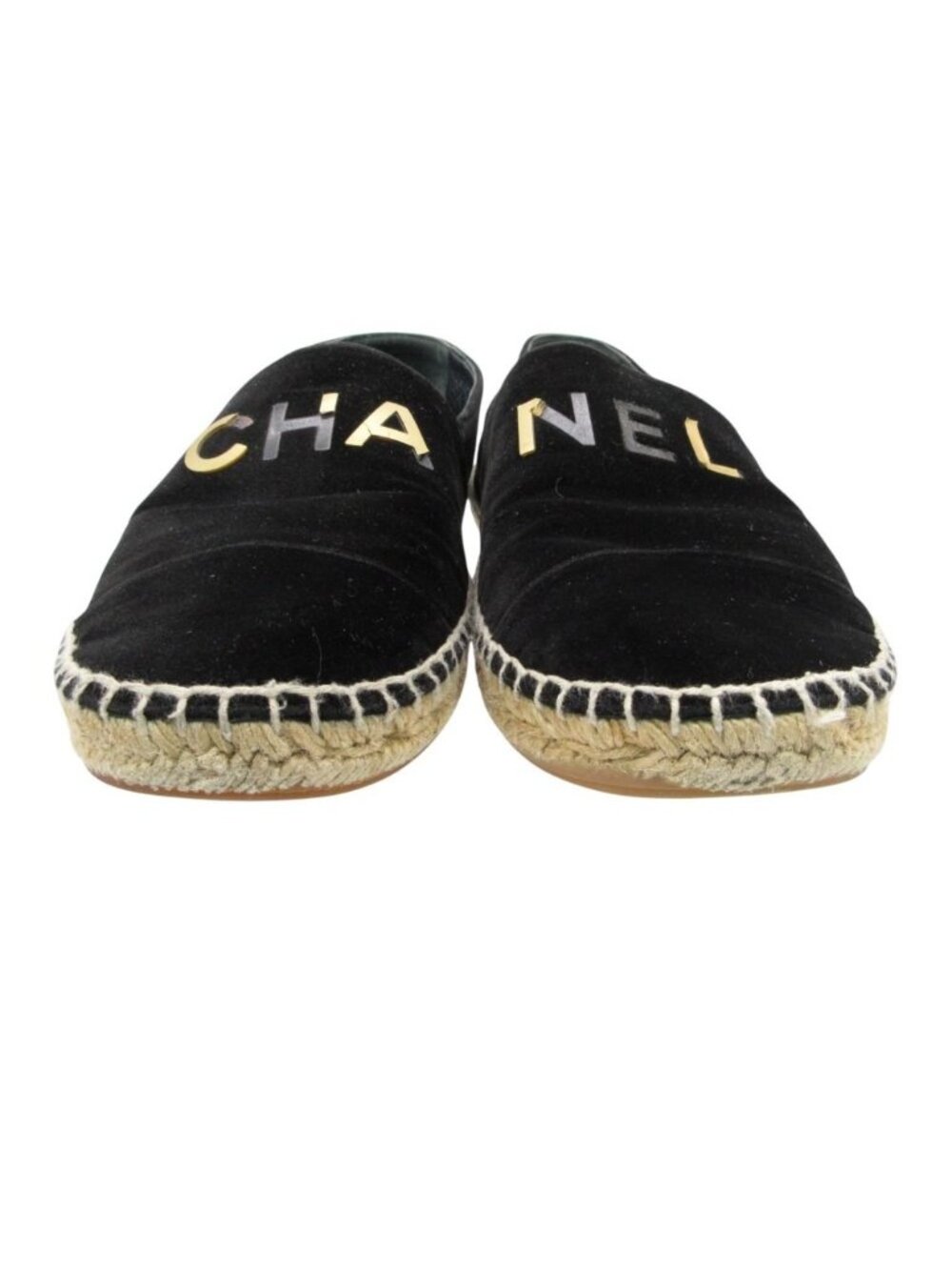 Chanel Slip-on Espadrilles Velour Logo Plate Flat Shoes Jute Black